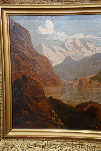 Antique Signed Alpine Lake Landscape Oil Painting