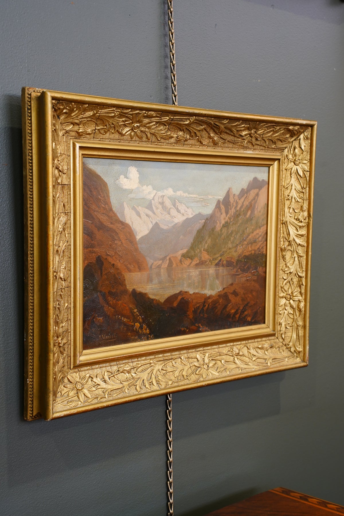 Antique Signed Alpine Lake Landscape Oil Painting