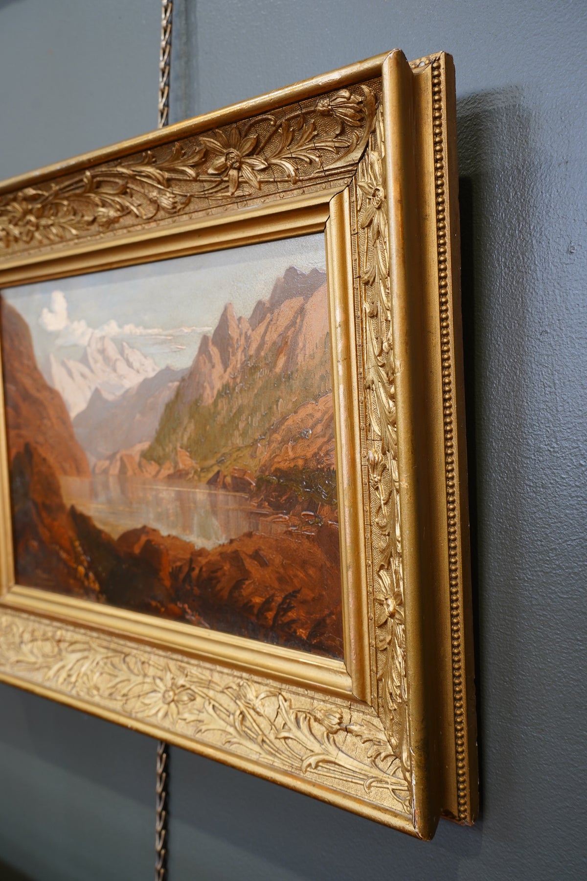Antique Signed Alpine Lake Landscape Oil Painting