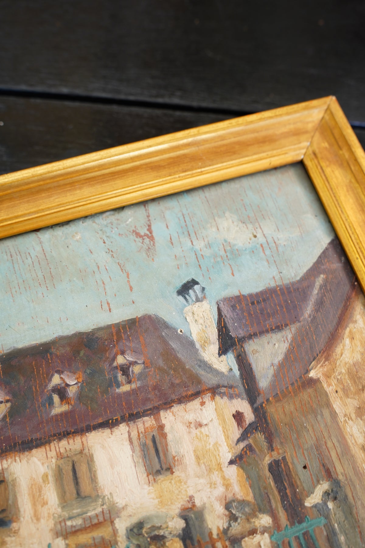 Antique French Country House Oil Painting on Board