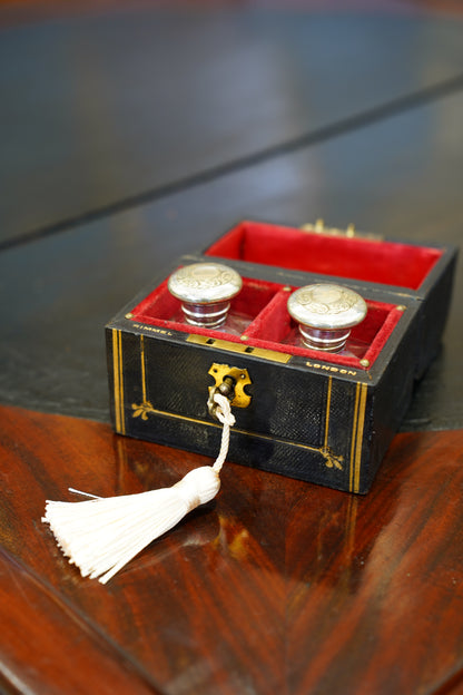 Antique Victorian Black Cased Perfume Bottle Set