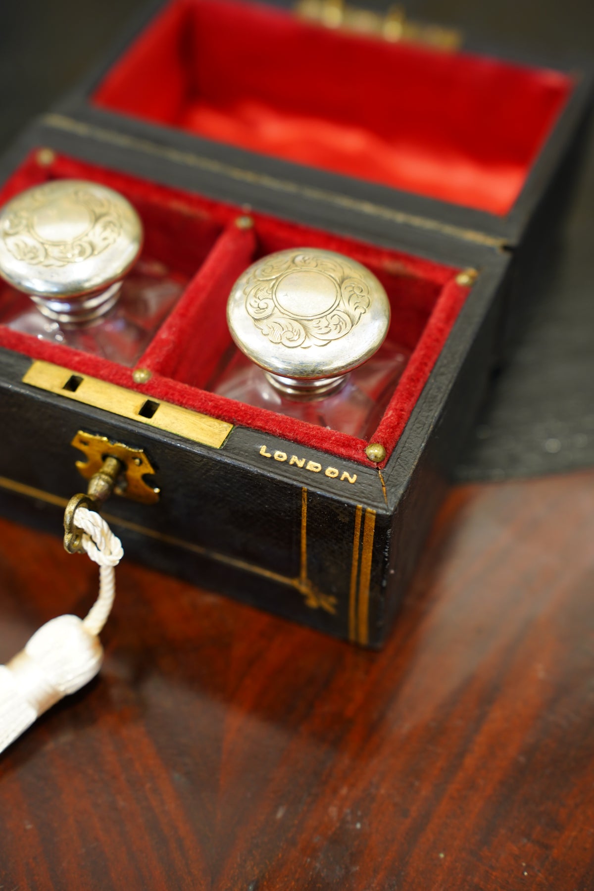 Antique Victorian Black Cased Perfume Bottle Set