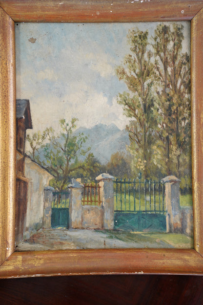 Antique Signed European Stone Gate Landscape Oil Painting