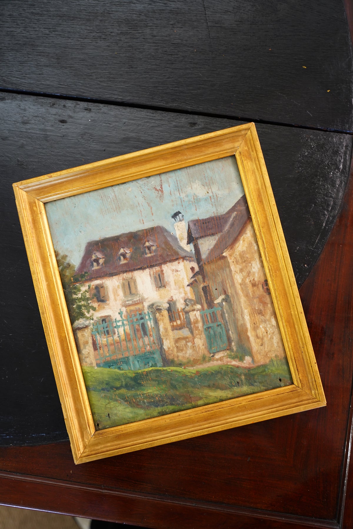 Antique French Country House Oil Painting on Board
