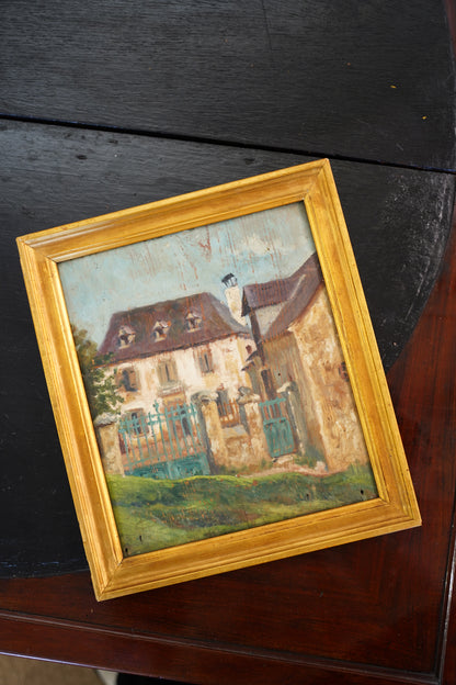 Antique French Country House Oil Painting on Board