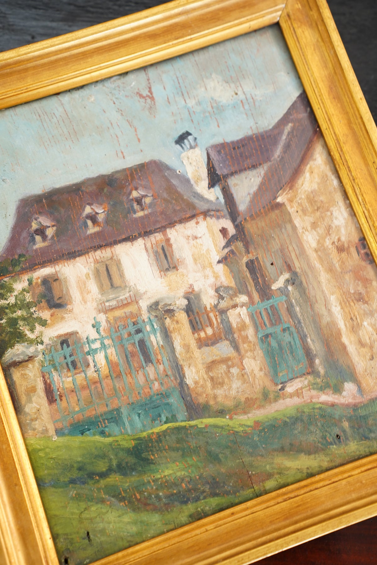 Antique French Country House Oil Painting on Board