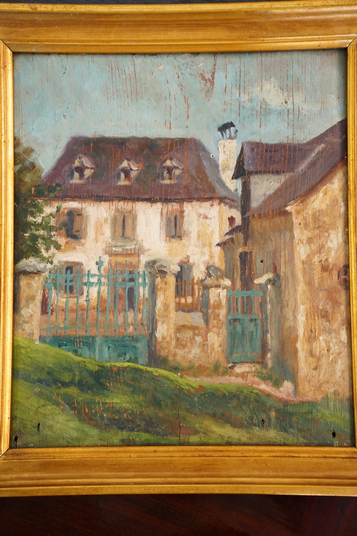 Antique French Country House Oil Painting on Board