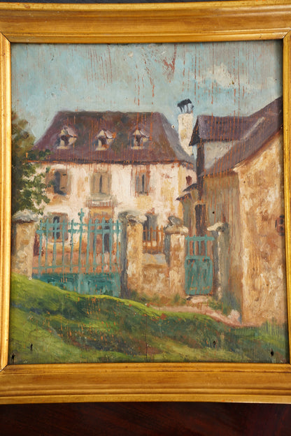Antique French Country House Oil Painting on Board