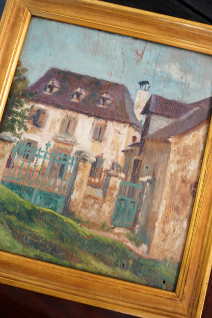 Antique French Country House Oil Painting on Board
