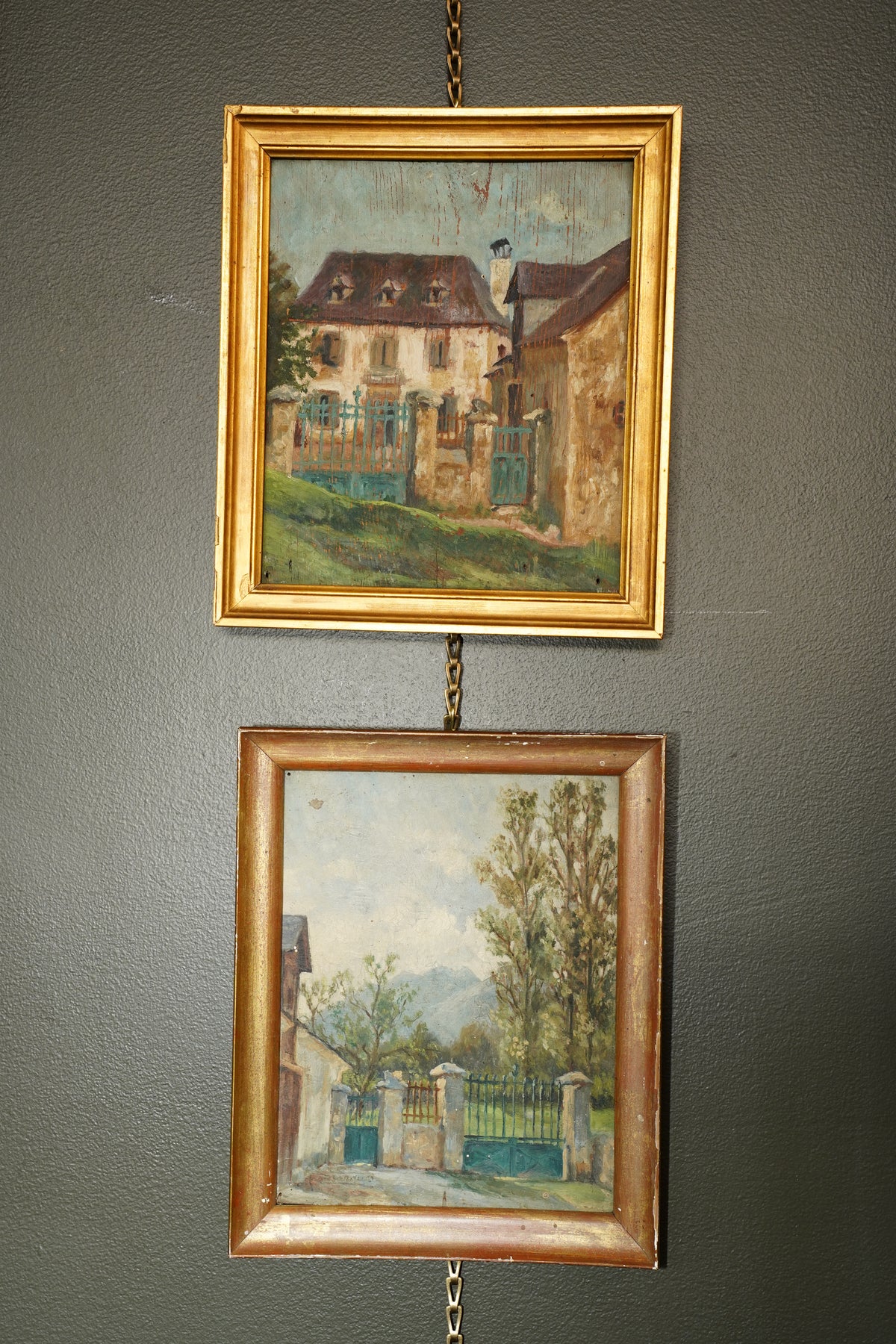 Antique French Country House Oil Painting on Board