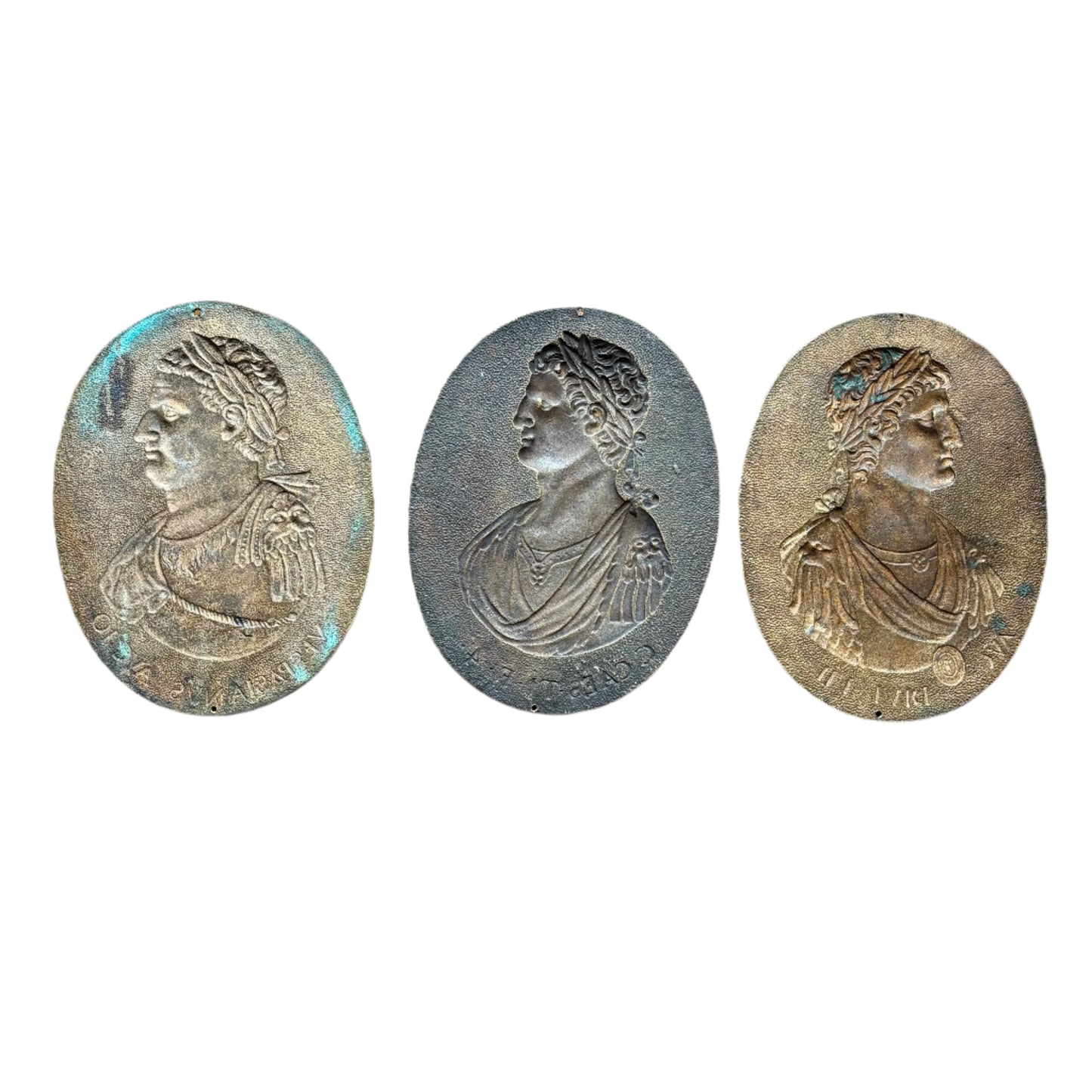 Set of 3 Antique Grand Tour Bronze Portrait Plaques – Roman Emperors Vespasian & Augustus, 19th Century Italian