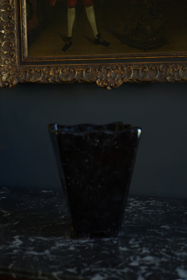 Mid-Century Japanese Black Tenmoku Glazed Terracotta Bonsai Pot | Wabi-Sabi Folk Craft Planter (8.75") secondary view