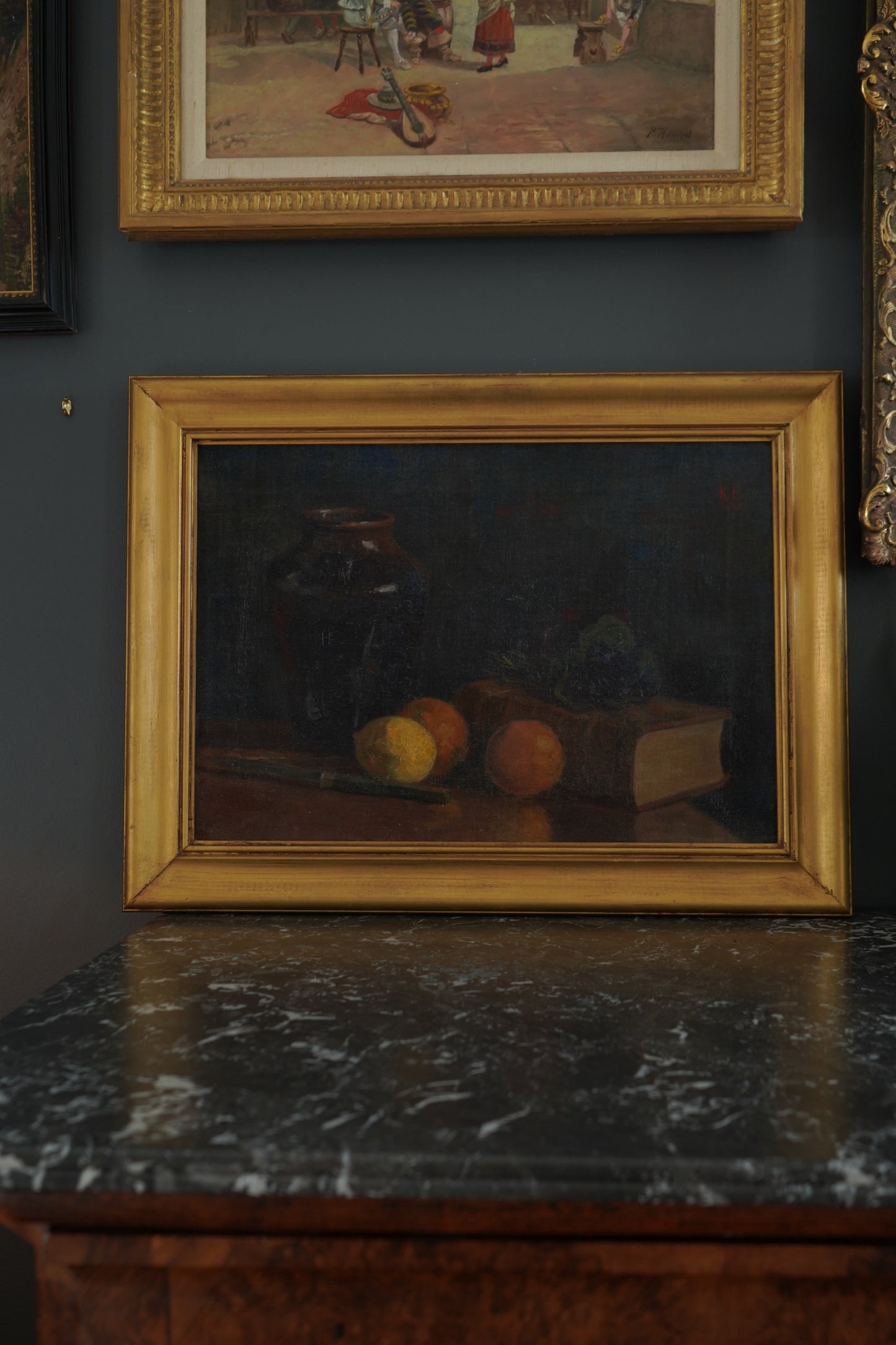 Antique 1905 Oil Painting Still Life with Fruit, Book & Earthenware Jar | Signed K.E.