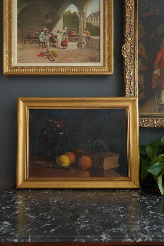 Antique 1905 Oil Painting Still Life with Fruit, Book & Earthenware Jar | Signed K.E.