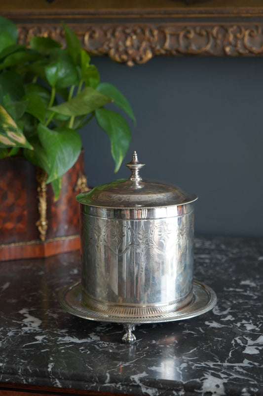 Antique James Dixon & Sons Silver Plated Biscuit Barrel | Edwardian Engraved Tea Caddy with Pierced Gallery Base