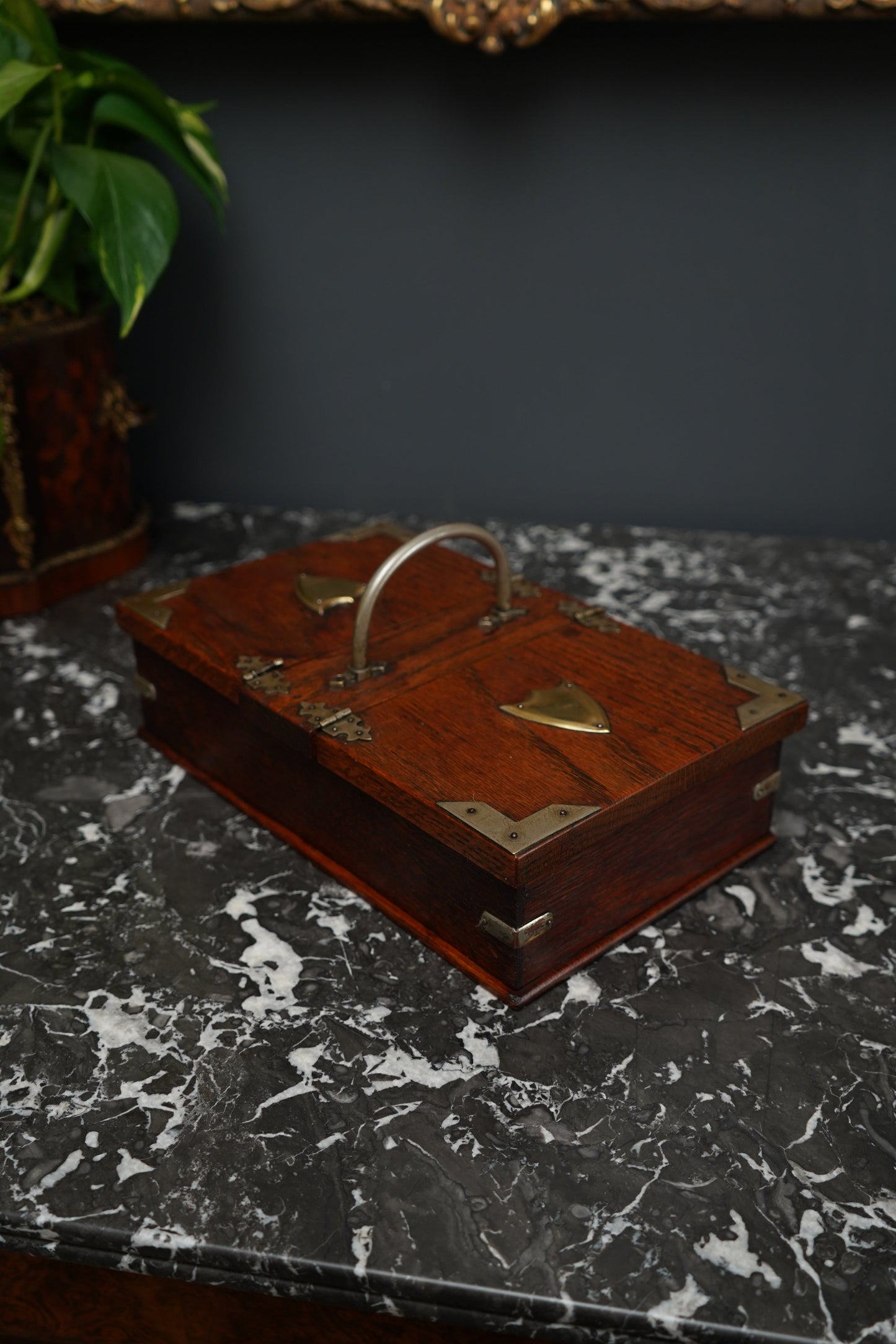 Antique Edwardian Oak & Silver-Plated Two-Compartment Stationery Box with Handle