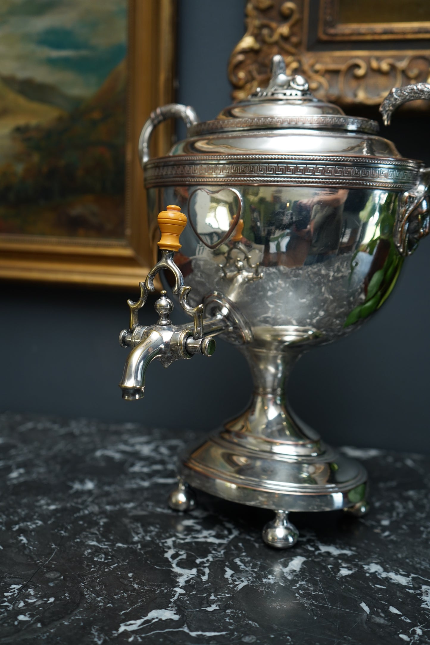 Antique Silver Plated Samovar with Sphinx Finial and Lion Mask Handles | Victorian Tea Urn