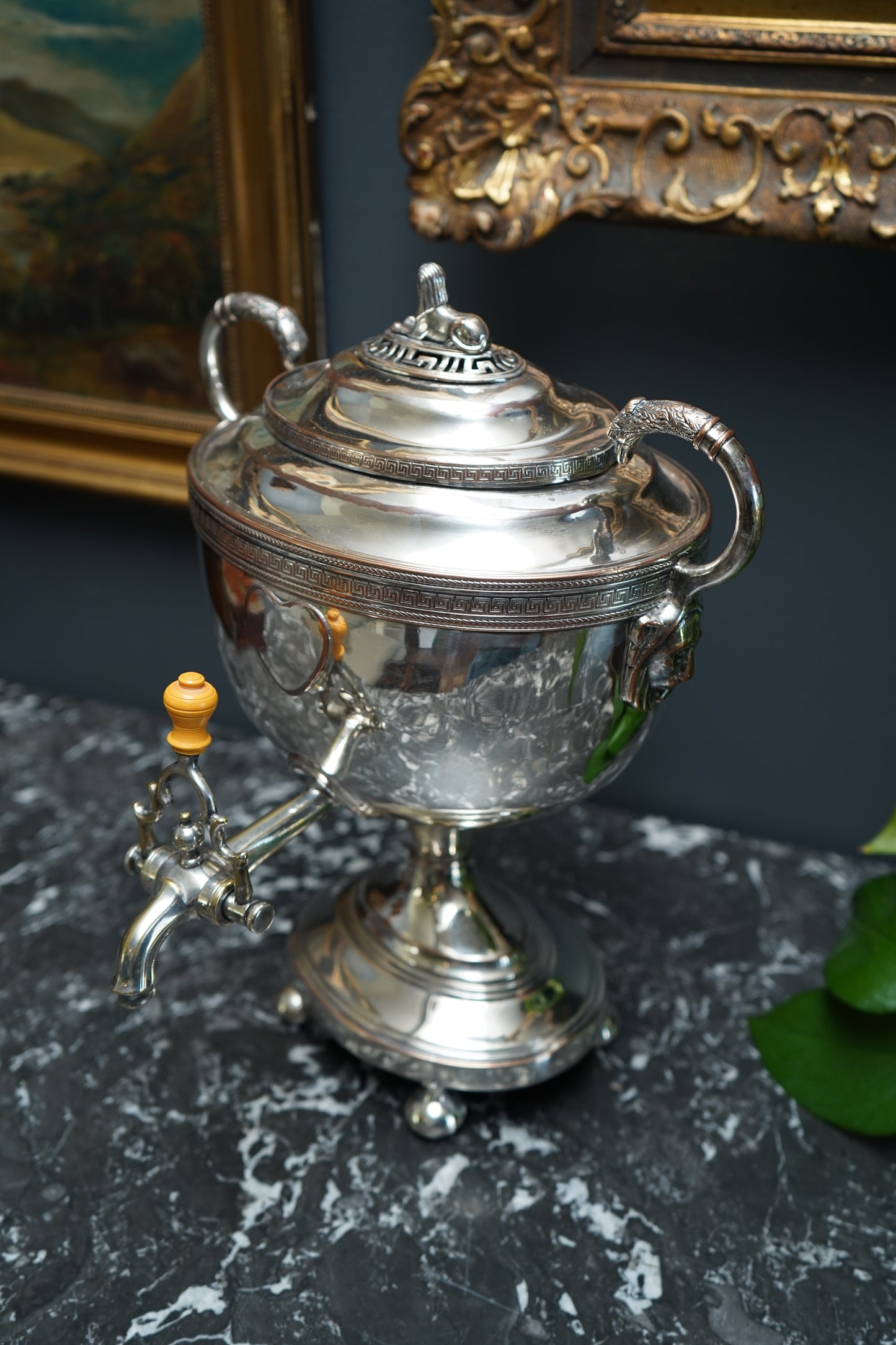 Antique Silver Plated Samovar with Sphinx Finial and Lion Mask Handles | Victorian Tea Urn