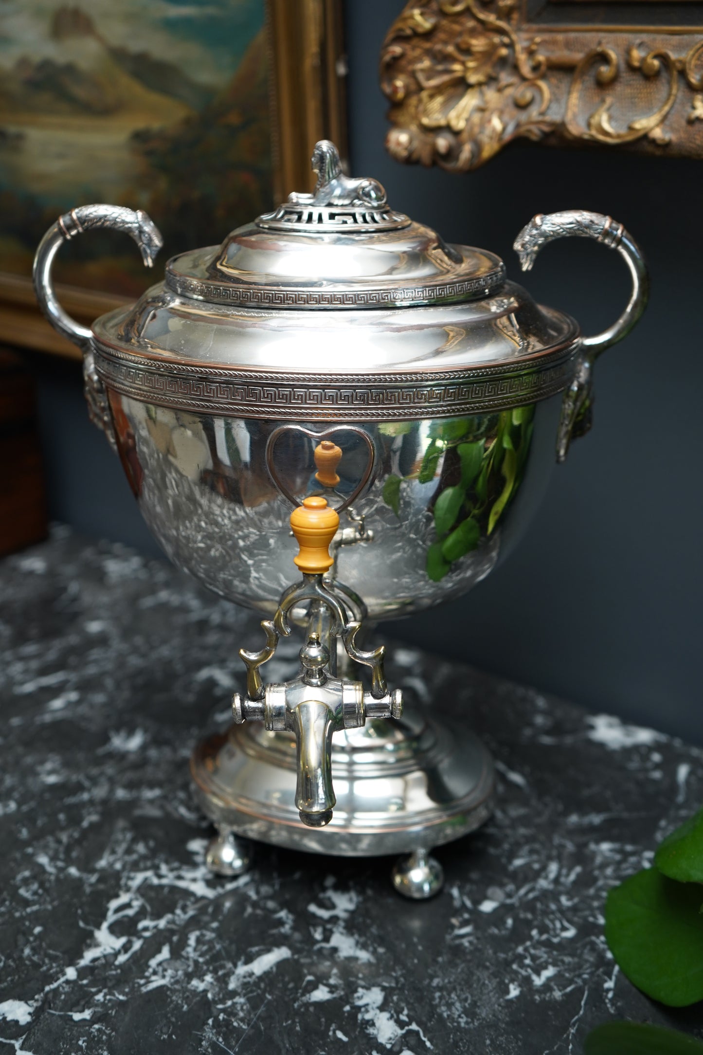 Antique Silver Plated Samovar with Sphinx Finial and Lion Mask Handles | Victorian Tea Urn