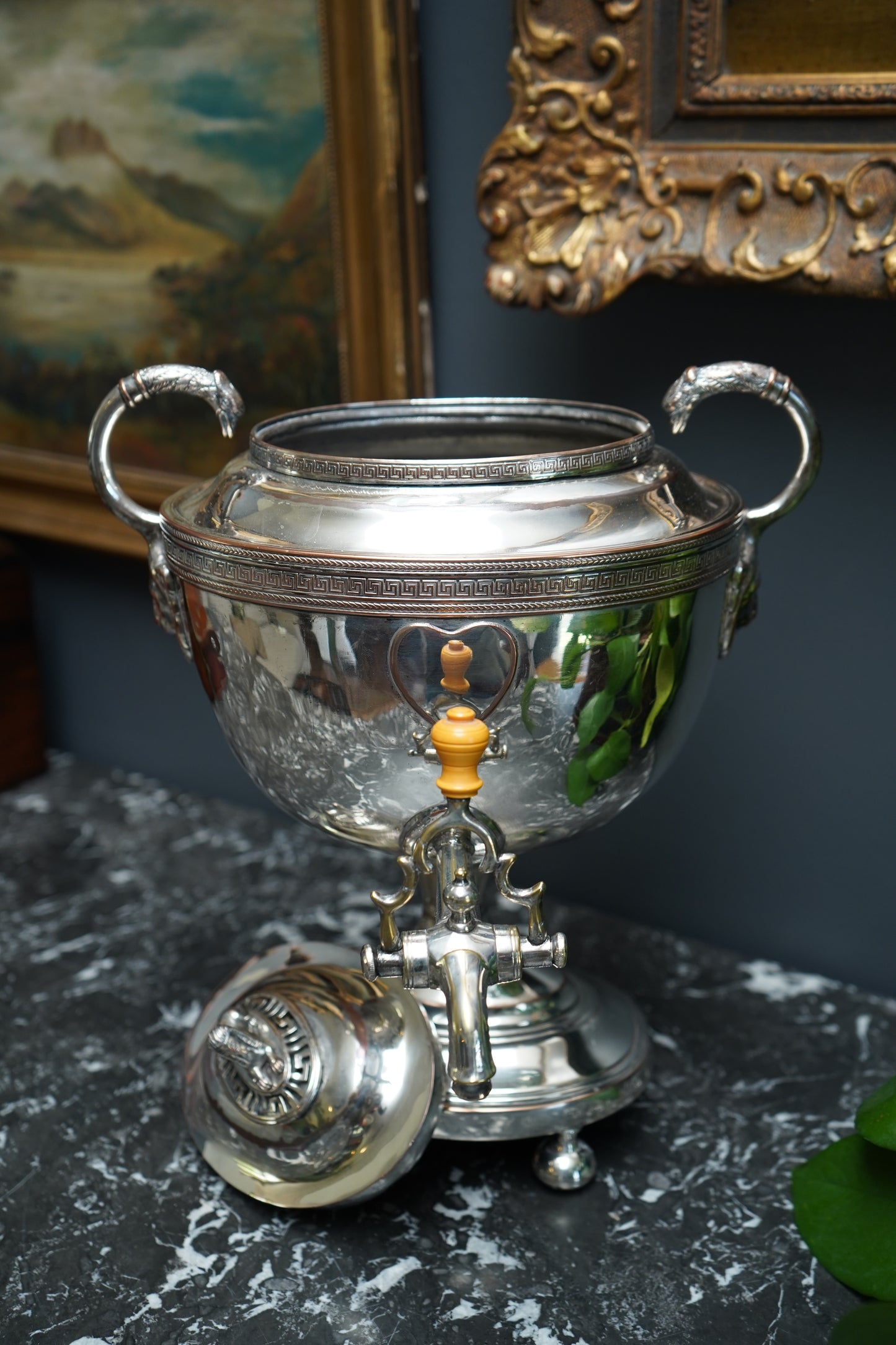 Antique Silver Plated Samovar with Sphinx Finial and Lion Mask Handles | Victorian Tea Urn