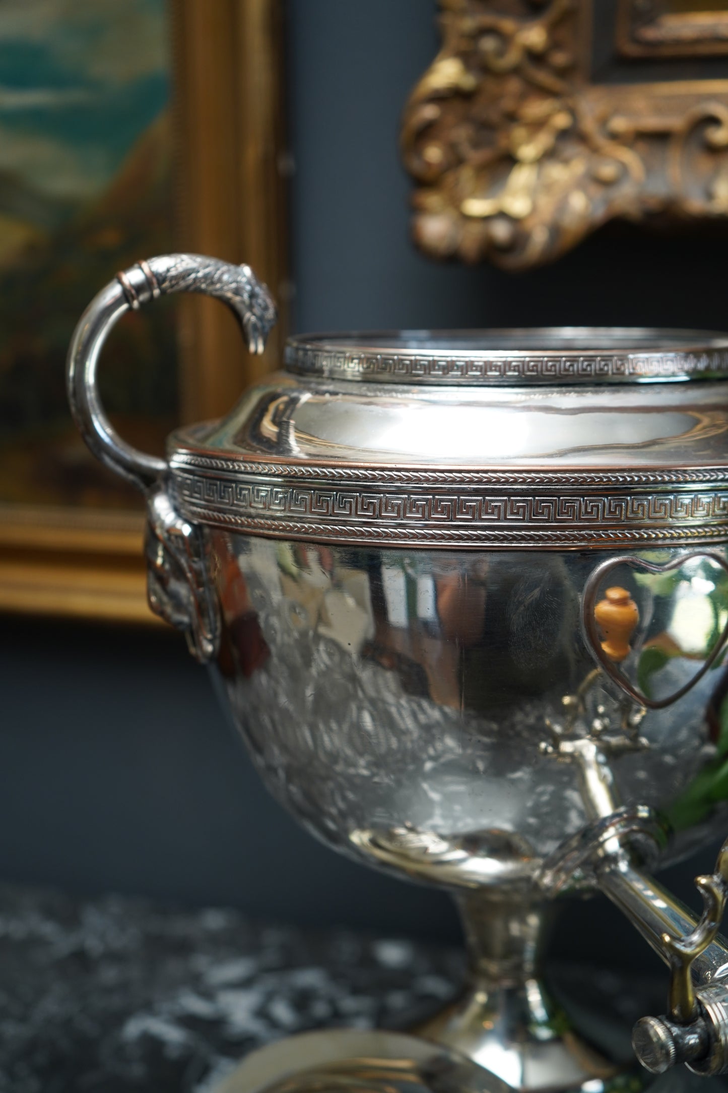 Antique Silver Plated Samovar with Sphinx Finial and Lion Mask Handles | Victorian Tea Urn