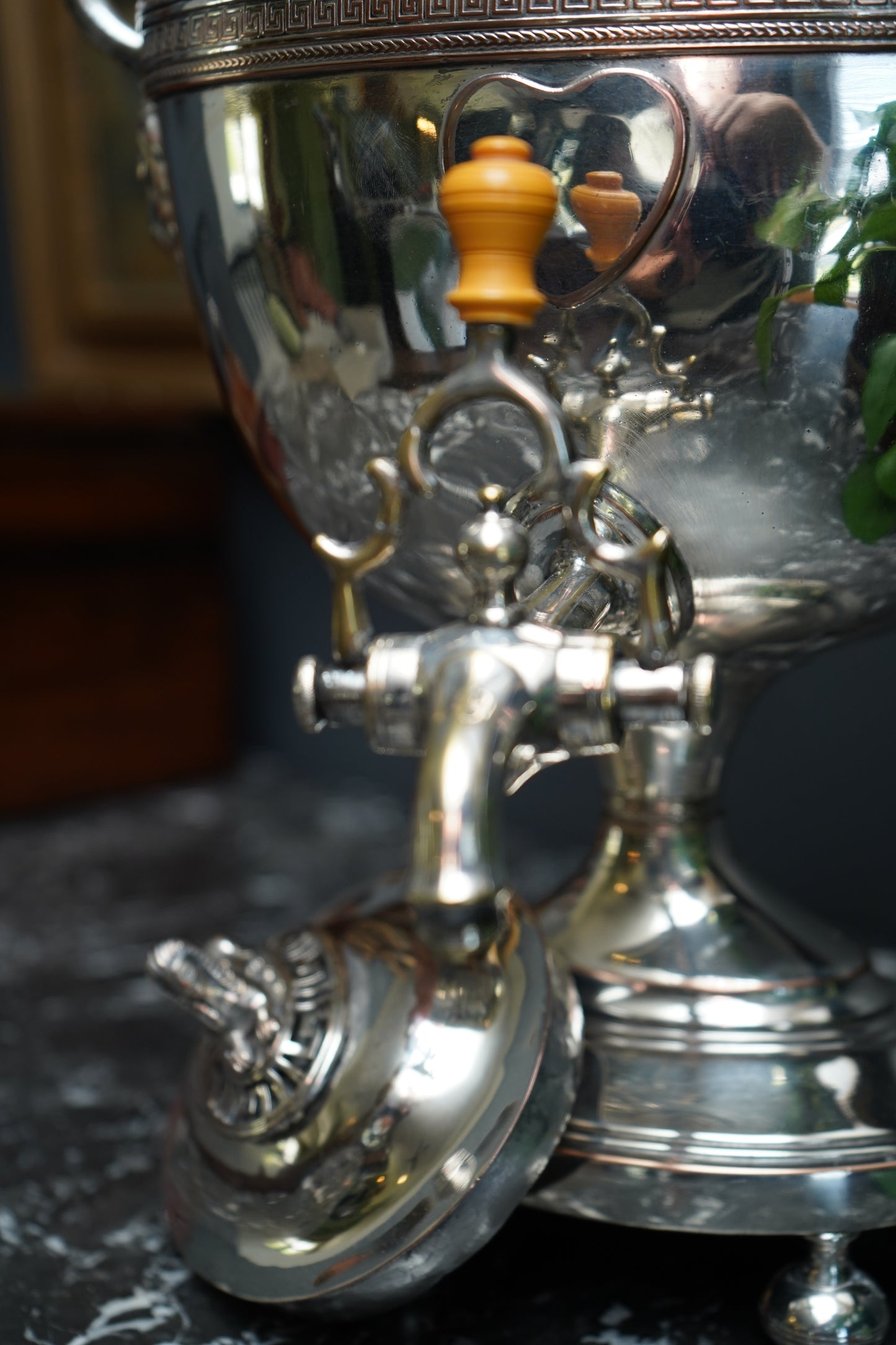 Antique Silver Plated Samovar with Sphinx Finial and Lion Mask Handles | Victorian Tea Urn