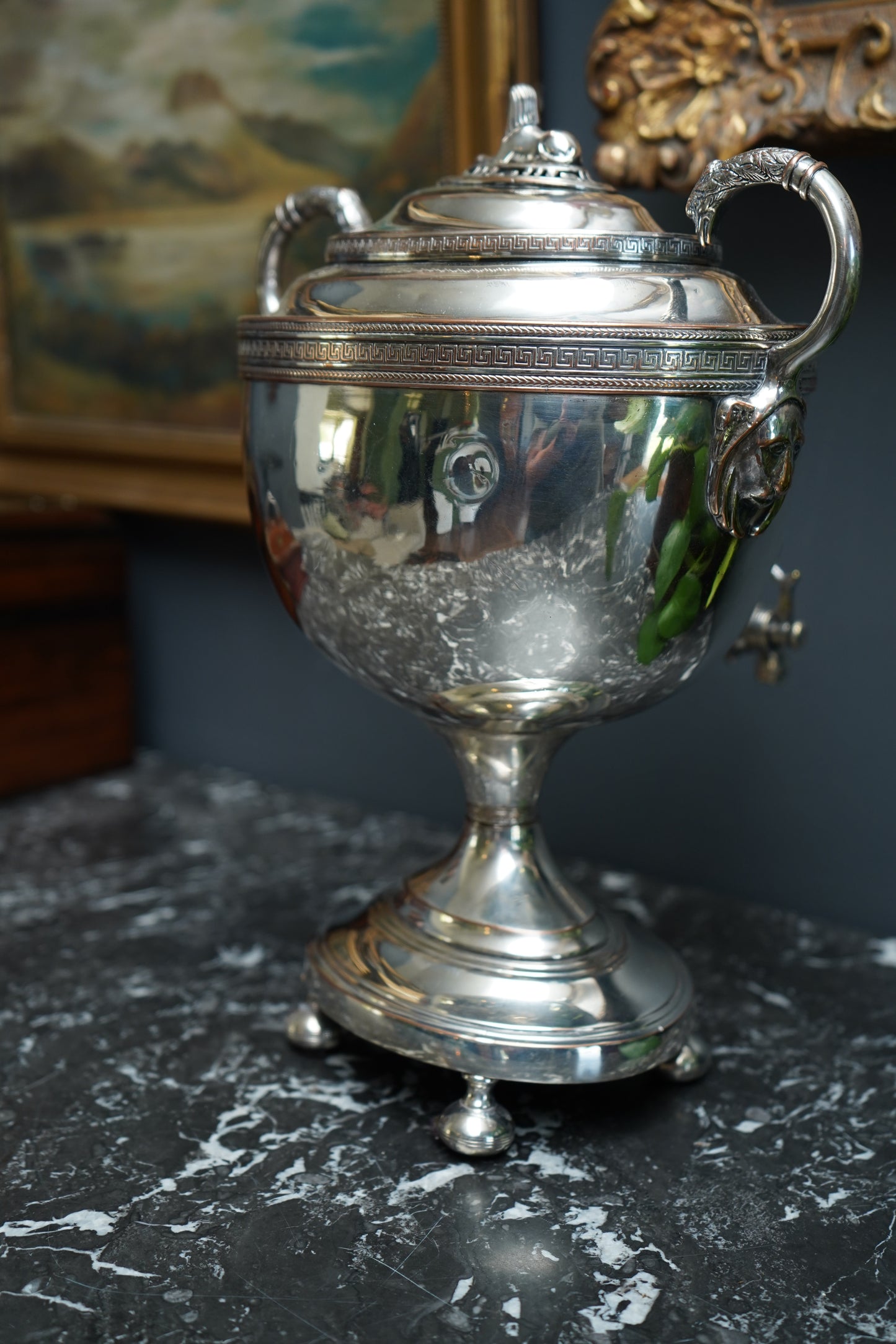 Antique Silver Plated Samovar with Sphinx Finial and Lion Mask Handles | Victorian Tea Urn