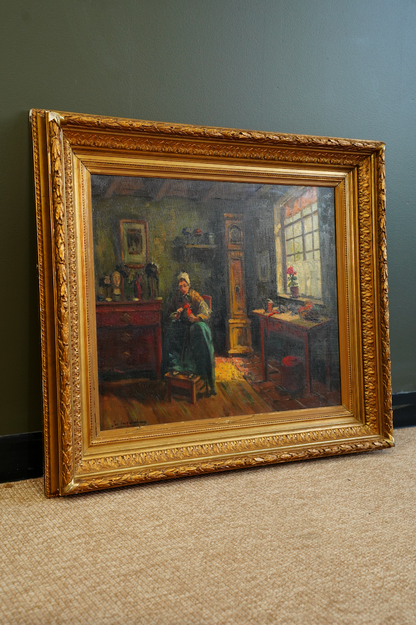 Antique Belgian Interior Oil Painting