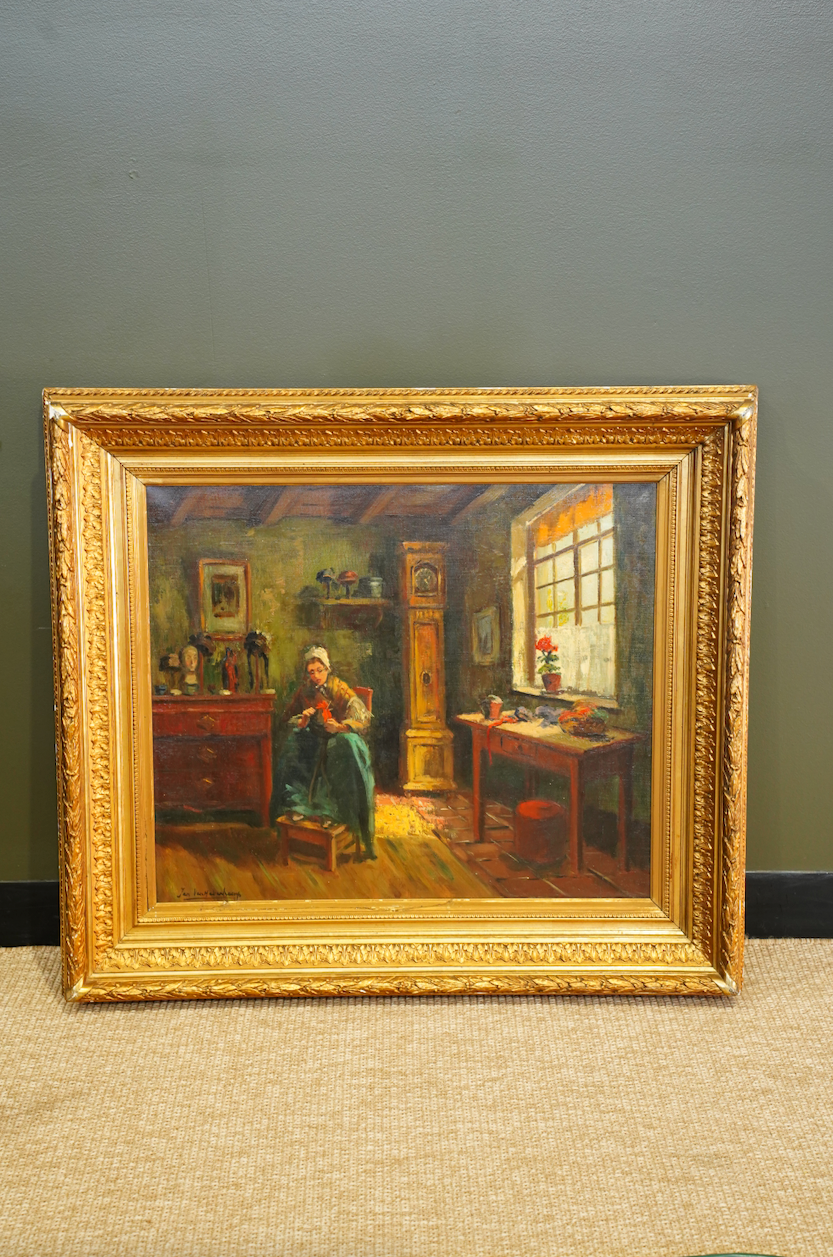 Antique Belgian Interior Oil Painting