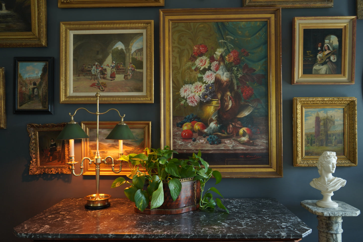 Signed Still-Life with Game Birds, Fruit, and Floral Urn Attributed to Max Albert Carlier (Belgian, 1872–1938)