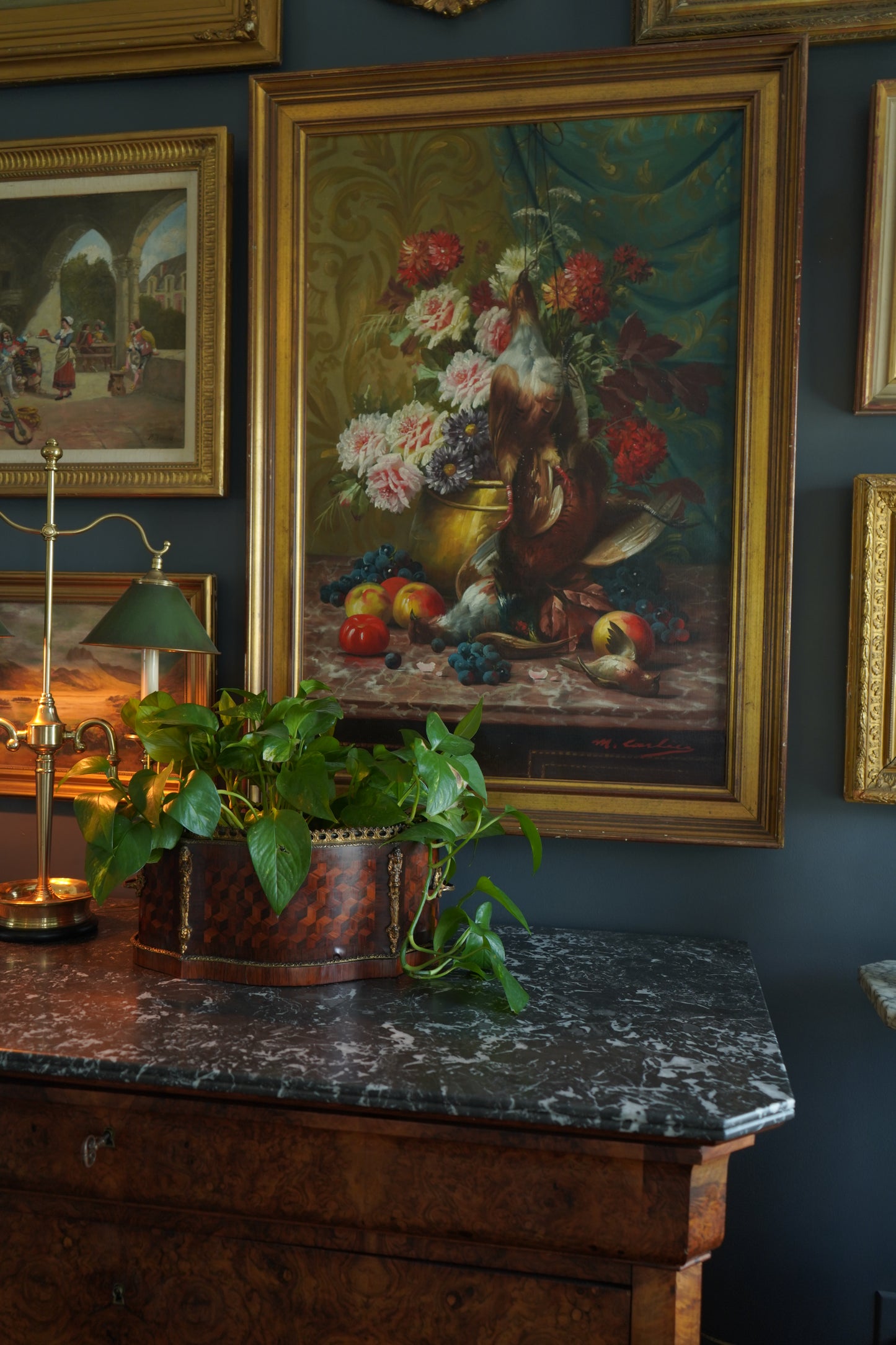 Signed Still-Life with Game Birds, Fruit, and Floral Urn Attributed to Max Albert Carlier (Belgian, 1872–1938)
