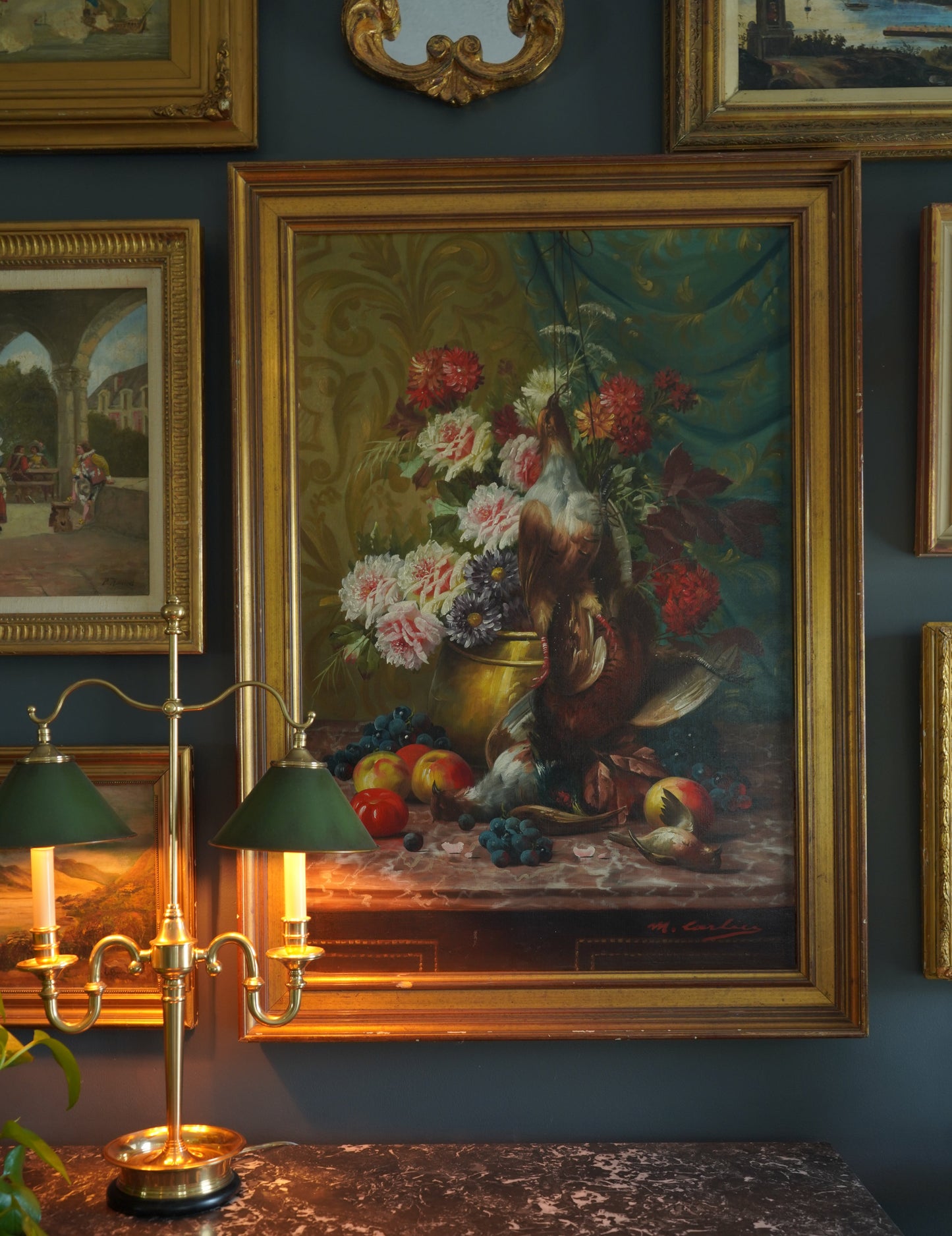 Signed Still-Life with Game Birds, Fruit, and Floral Urn Attributed to Max Albert Carlier (Belgian, 1872–1938)