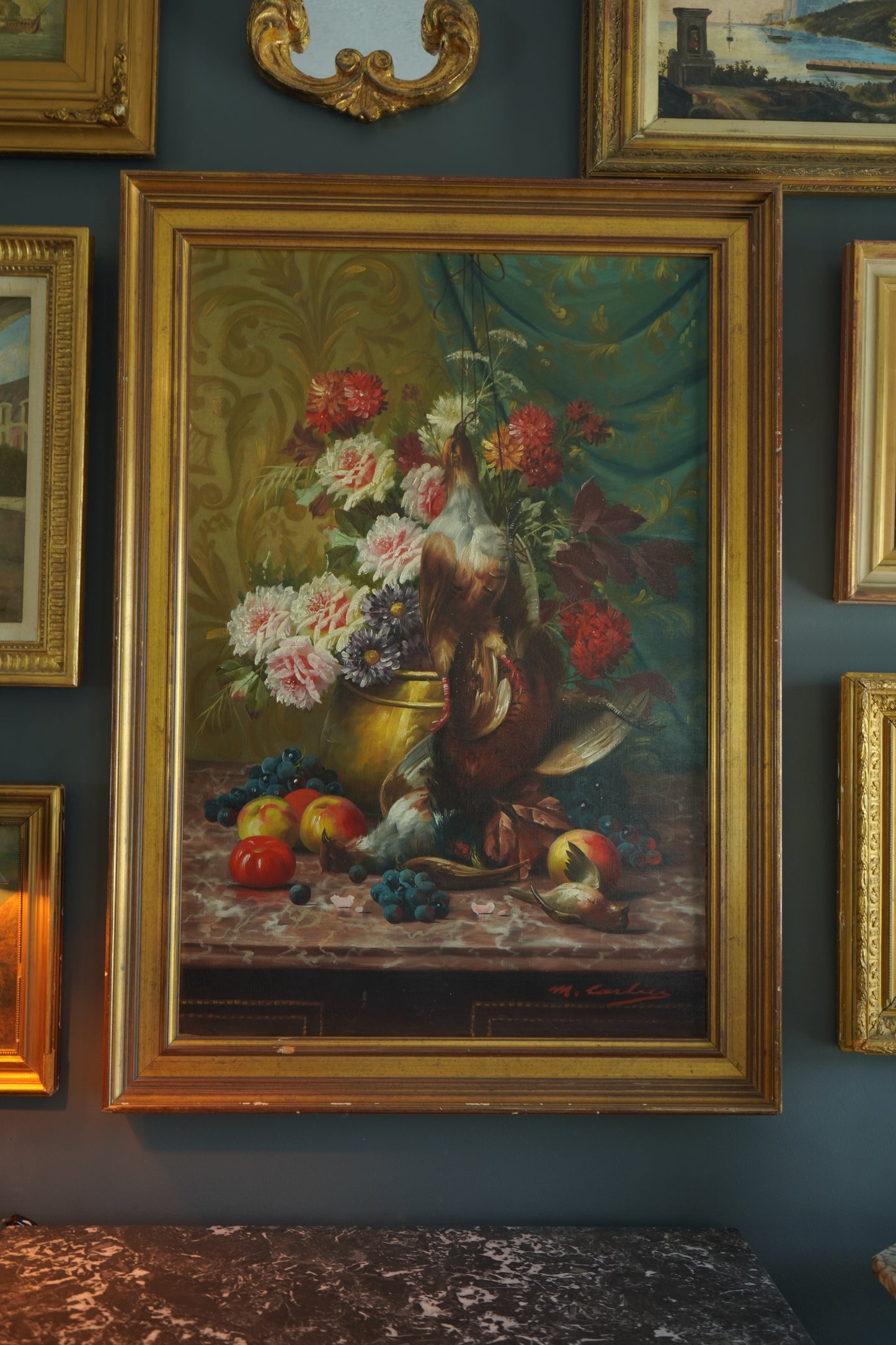 Signed Still-Life with Game Birds, Fruit, and Floral Urn Attributed to Max Albert Carlier (Belgian, 1872–1938)