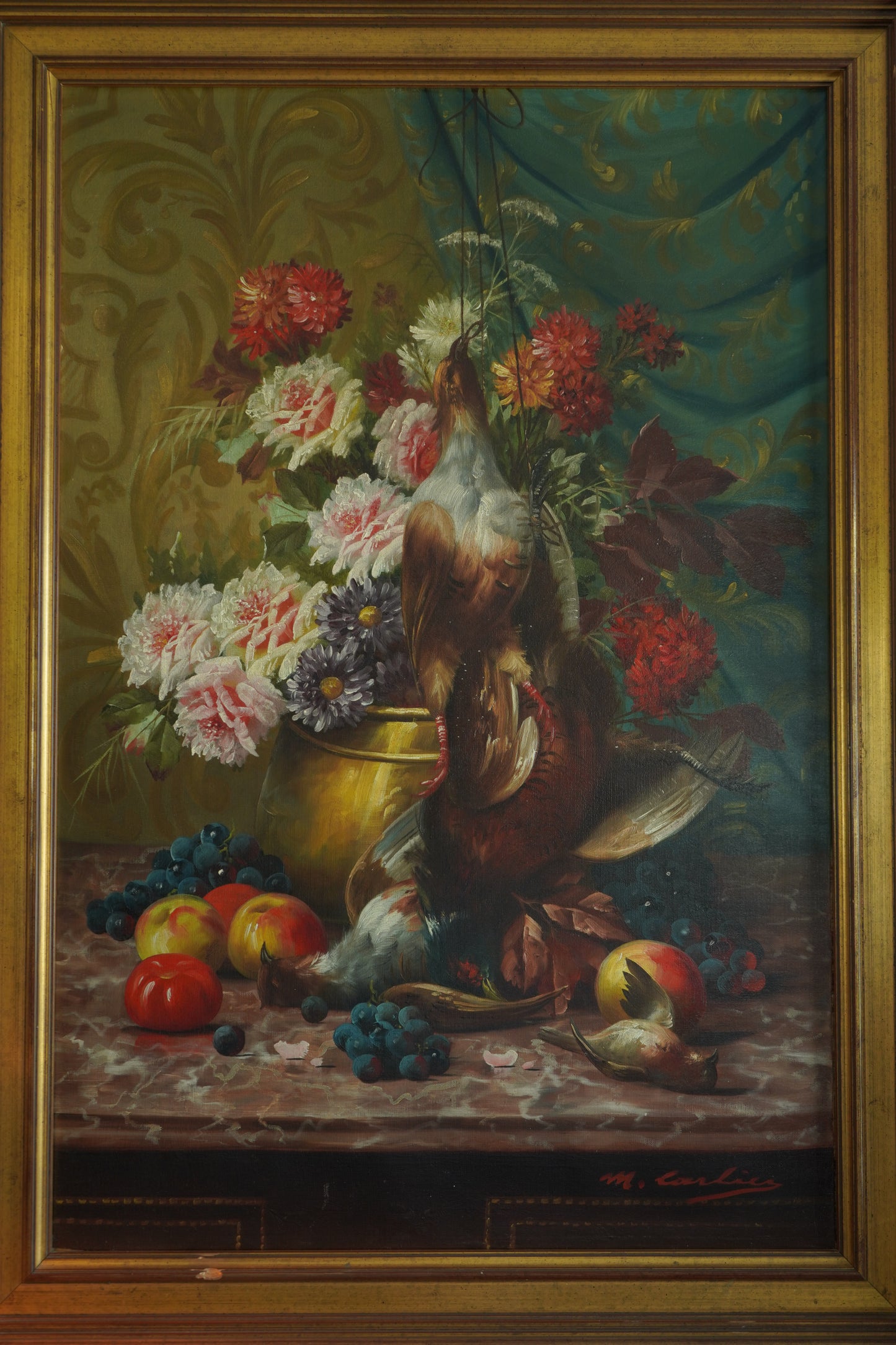 Signed Still-Life with Game Birds, Fruit, and Floral Urn Attributed to Max Albert Carlier (Belgian, 1872–1938)