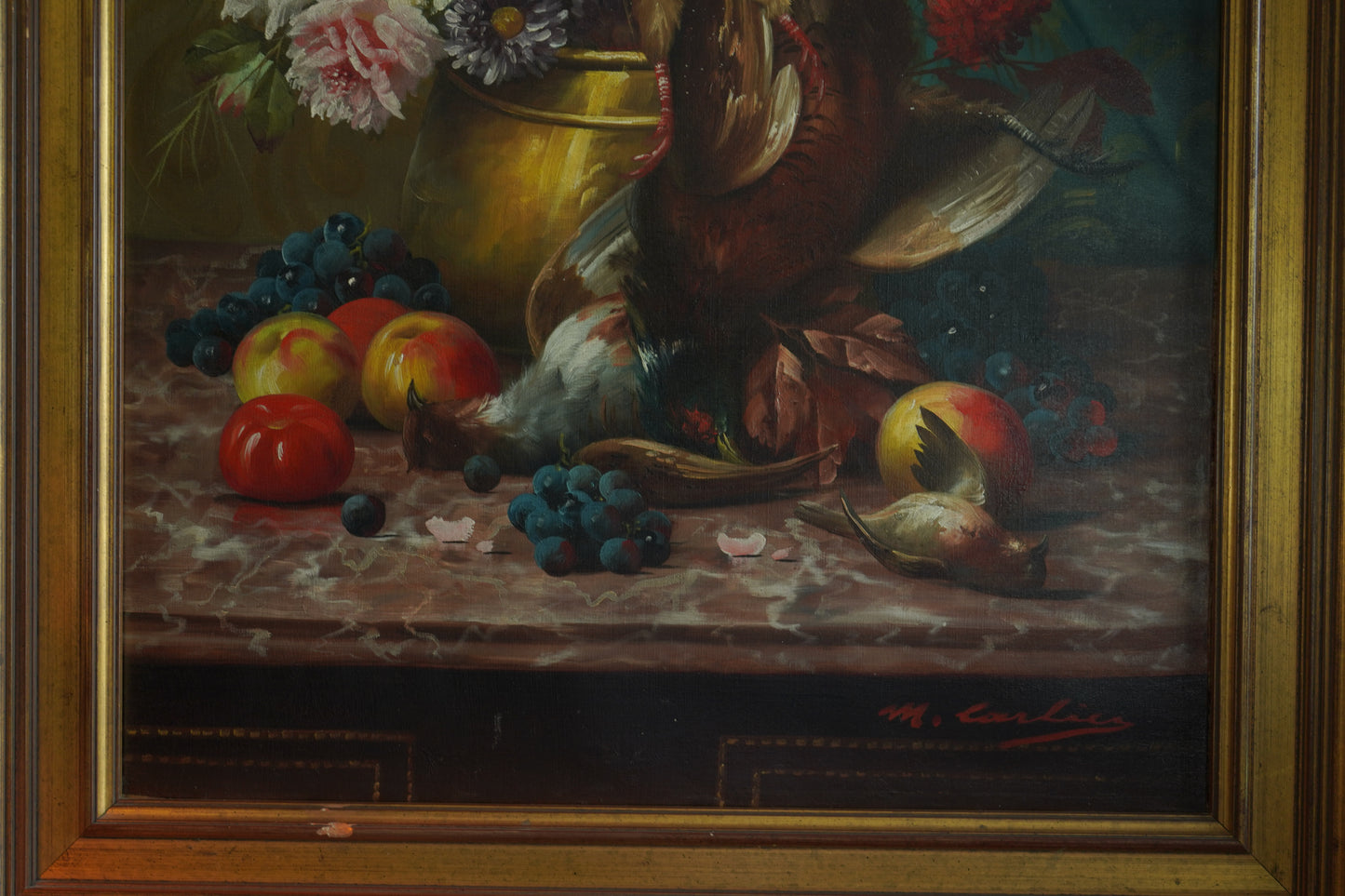 Signed Still-Life with Game Birds, Fruit, and Floral Urn Attributed to Max Albert Carlier (Belgian, 1872–1938)