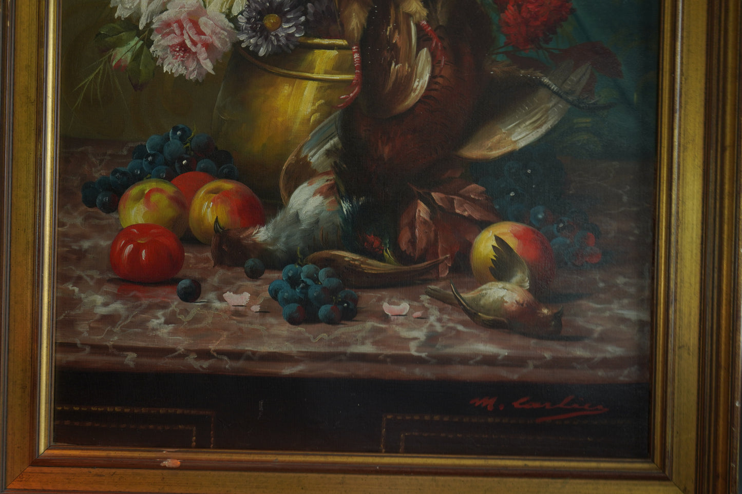Signed Still-Life with Game Birds, Fruit, and Floral Urn Attributed to Max Albert Carlier (Belgian, 1872–1938)