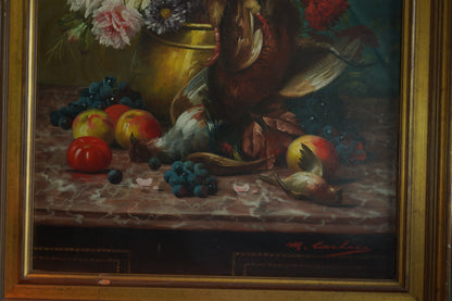 Signed Still Life with Game Birds, Fruit, and Floral Urn Attributed to Max Albert Carlier