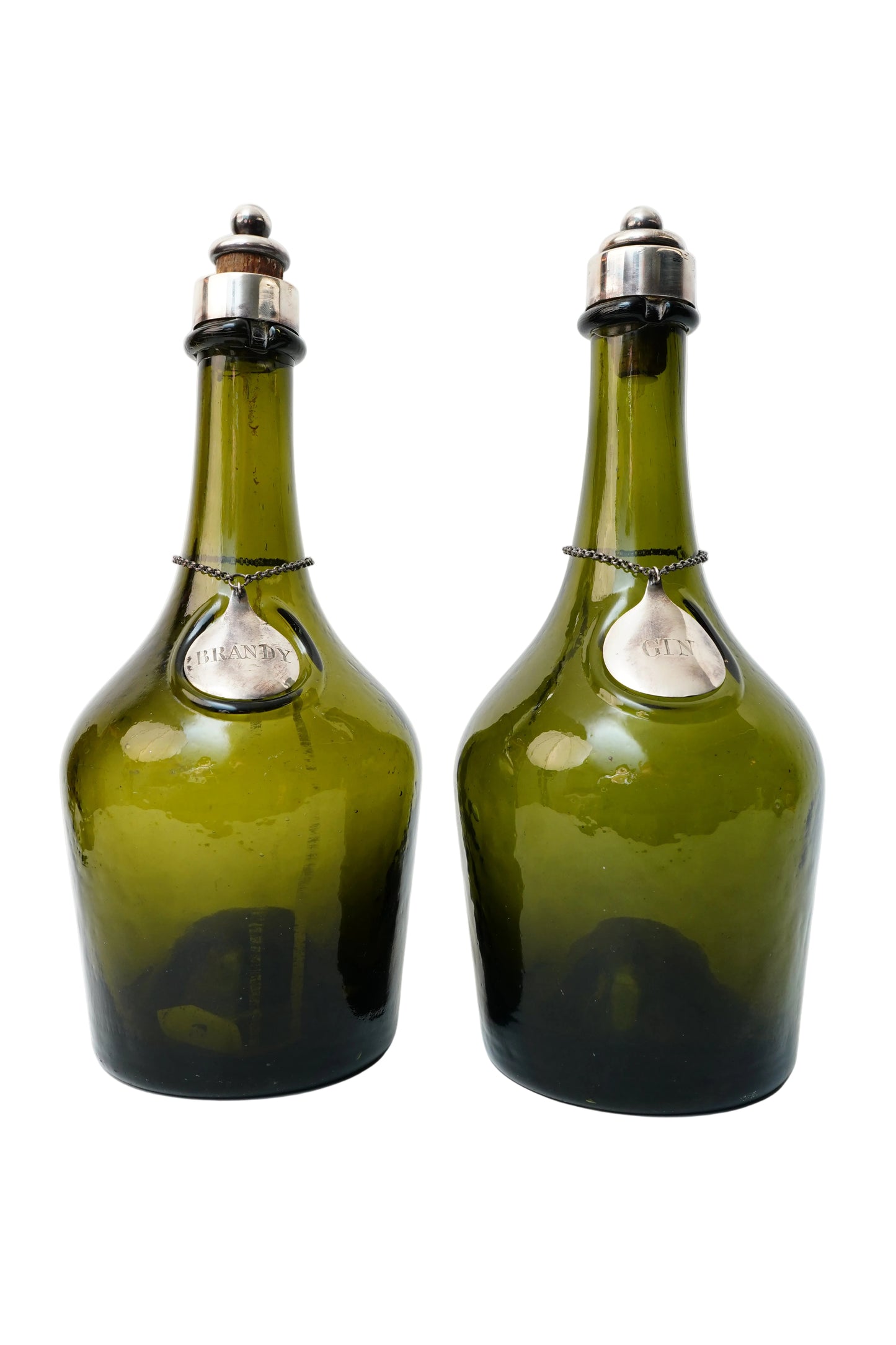 Antique Green Glass Gin and Brandy Decanters with Silver Plate Labels