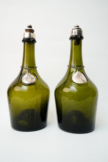 Antique Green Glass Gin and Brandy Decanters with Silver Plate Labels