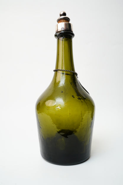 Antique Green Glass Gin and Brandy Decanters with Silver Plate Labels