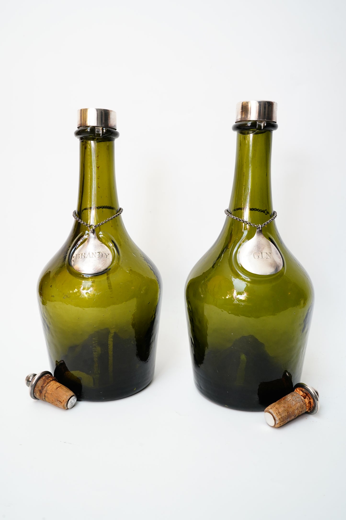 Antique Green Glass Gin and Brandy Decanters with Silver Plate Labels