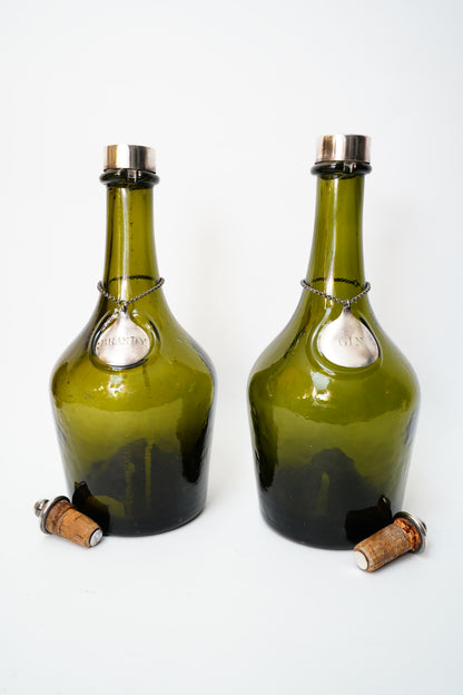 Antique Green Glass Gin and Brandy Decanters with Silver Plate Labels