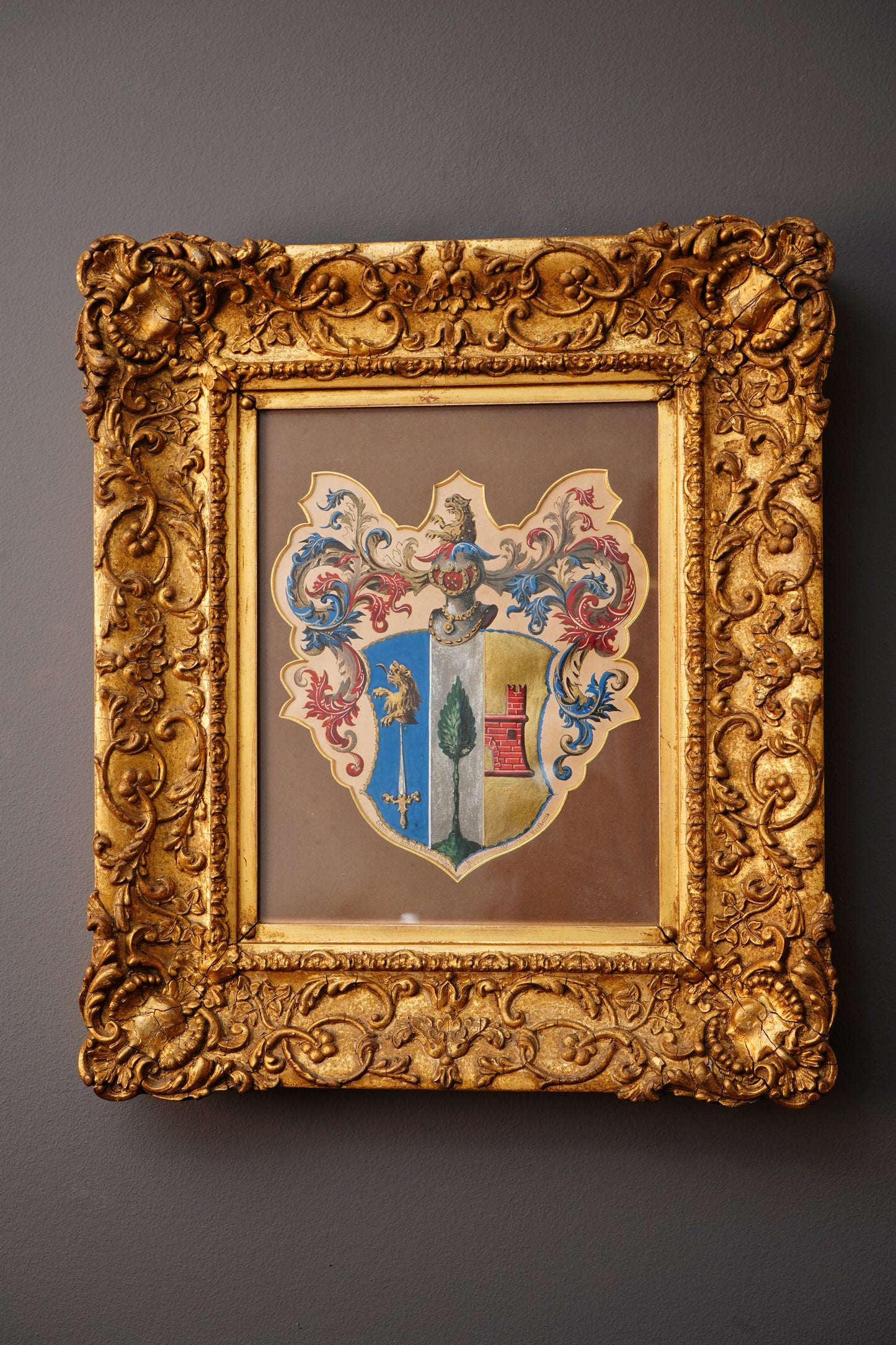 Antique 19th Century Heraldic Coat of Arms in Ornate Gilt Frame