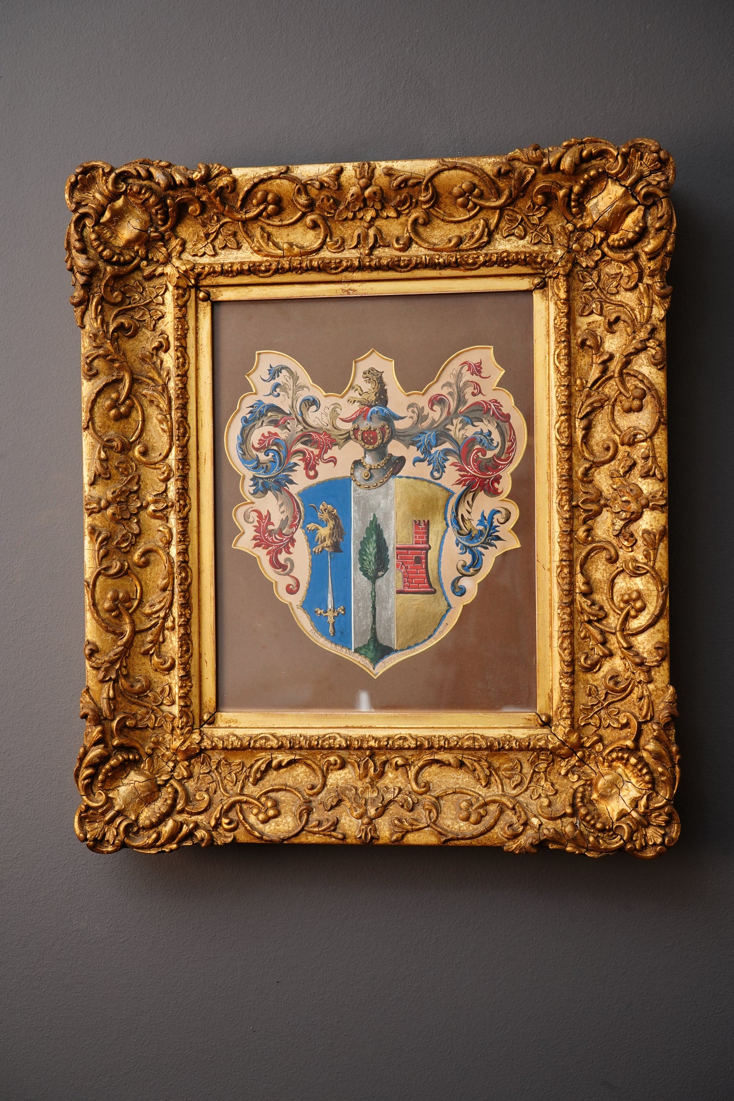 Antique 19th Century Heraldic Coat of Arms in Ornate Gilt Frame