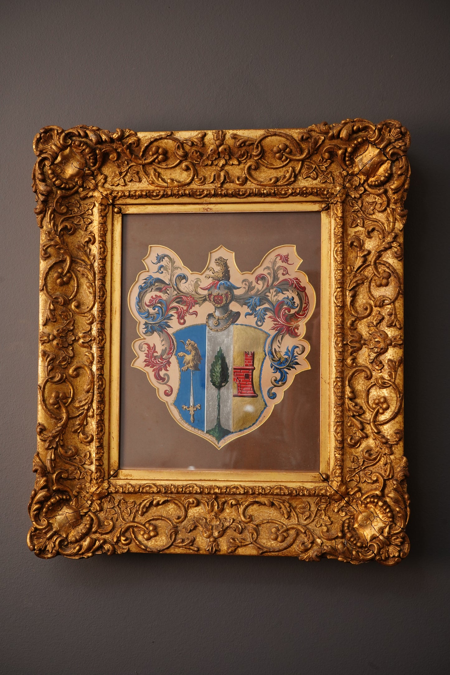 Antique 19th Century Heraldic Coat of Arms in Ornate Gilt Frame