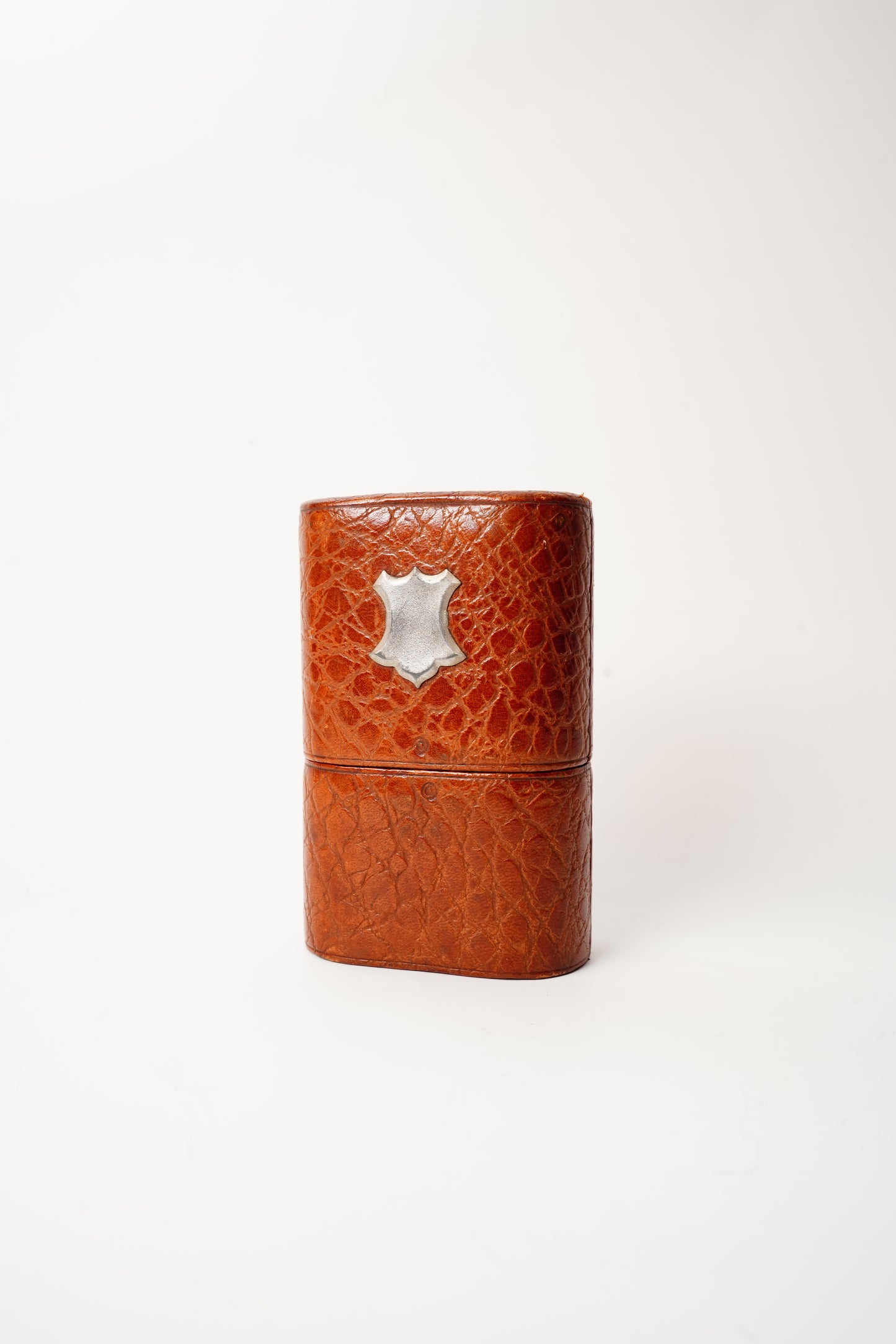 Antique English Leather Travel Tumbler Case with Glass Insert Edwardian