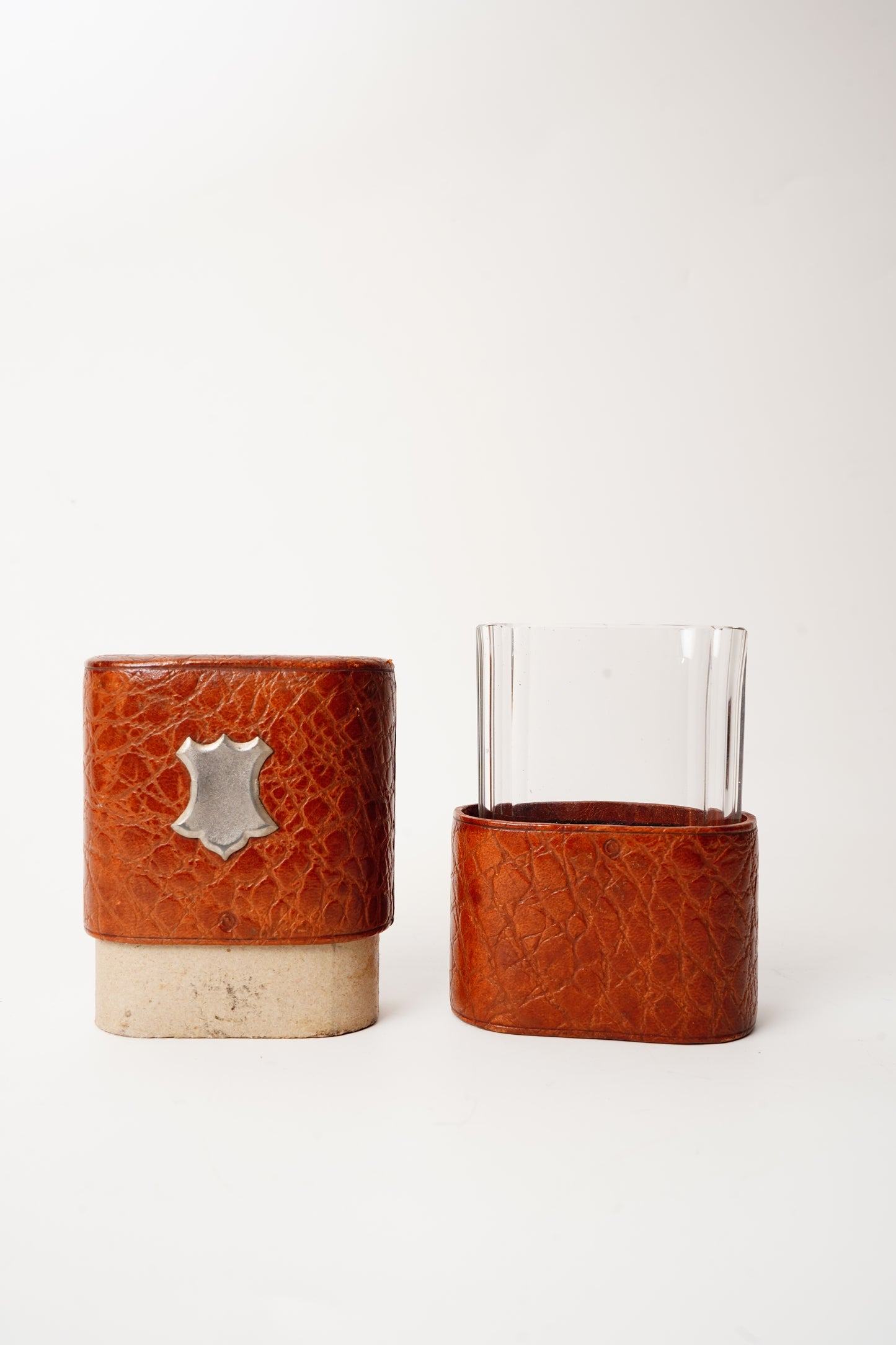 Antique English Leather Travel Tumbler Case with Glass Insert Edwardian