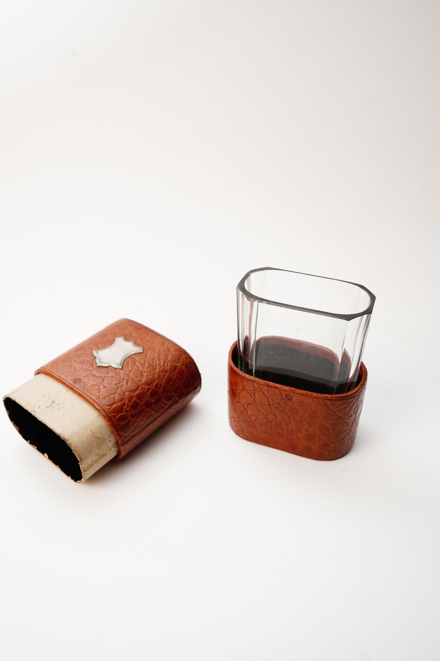 Antique English Leather Travel Tumbler Case with Glass Insert Edwardian