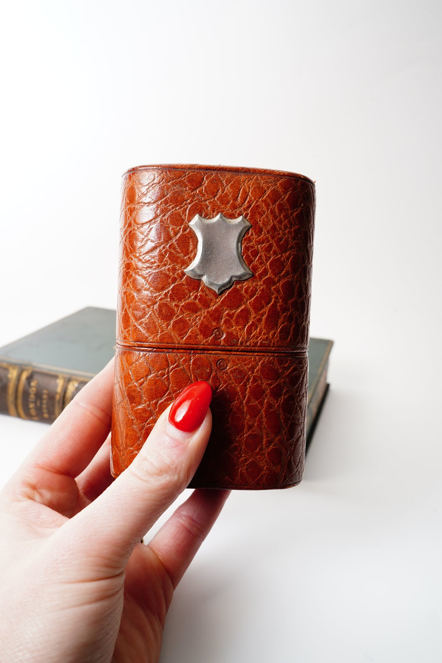 Antique English Leather Travel Tumbler Case with Glass Insert Edwardian