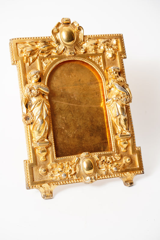 Antique French Gilt Metal Photo Frame with Figural Maidens c. 1880 to 1900